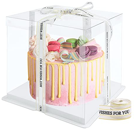 Hileyu Transparente Tortenschachtel Dessert Box Cake Box Transparent mit Deckel Doppelschicht-Tortenschachtel Kunststoff-Präsentationsboxen mit Sockel und Band Transparente Würfelschachteln 8 Inch