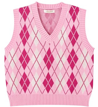 Hyipels Women's Sweater Vest,Y2K Sleeveless Pattern Preppy Style Knitted Crop Tank Top for Girl, Z Pink, Small