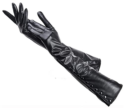 KMMBBTY Neun Knöpfe Damen Lederhandschuhe mit warmem Fleecefutter Winter 50cm Damen lange Handschuhe Black 8