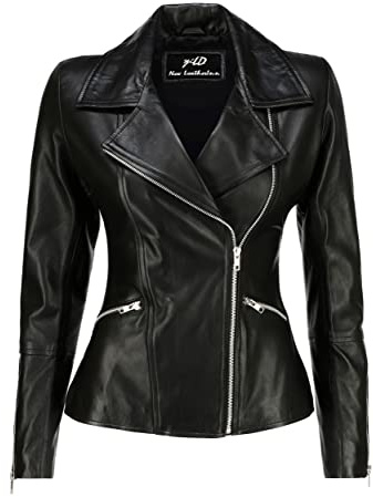 Jild Women's Asymmetrical Zip-Up Real Lambskin Leather Motorcycle Jacket - Casual Fashion Moto Biker Leather Jacket Women (BW-Blk-L)