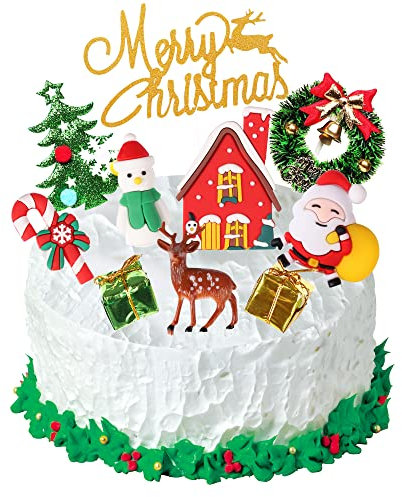 Christmas Cake Topper, HCSSZ 10PCS Merry Xmas Cupcake Decorations with Christmas Tree, Santa, Snowman,Reindeer, Candy, Cake for Xmas Party Ornaments Decoration Supplies