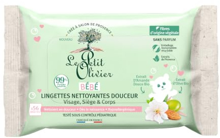 LE PETIT OLIVIER - Salviette detergenti Morbide - Bambino - Viso, Sedile E Corpo - Fibre Di Origine Vegetale - 99% Di Origine Naturale - Testato sotto controllo Pediatrico - x56