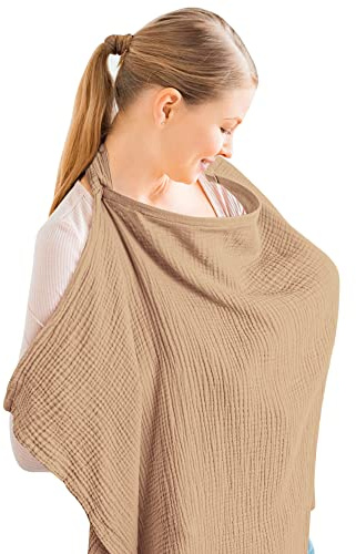 Konssy Musselin-Abdeckung zum Stillen von Babys, atmungsaktiv, 100% Baumwolle, Stillbezug mit starrem Reifen für Mutter, Stillschürze, Mehrzweck-Autositz-Baldachin (camel) | Stillschürze aus 100 % Baumwolle, leicht und atmungsaktiv, Autositz-Überdachung, Stillbezüge für Frauen