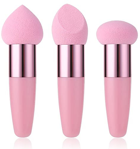 Sibba 3 PCS Makeup Sponges Foundation Beauty Blender Blending Wet and Dry Make Up Applicator Cosmetic Concealer Face Brush Egg Brushes Covers Eyes Sticks Powder Puff With Handle