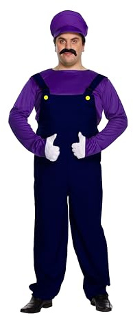 HENBRANDT Déguisement de mauvais plombier jaune pour homme - Costume rétro années 80 - Jaune + violet - Combinaison moustache Brothers Workman - Déguisement pour homme