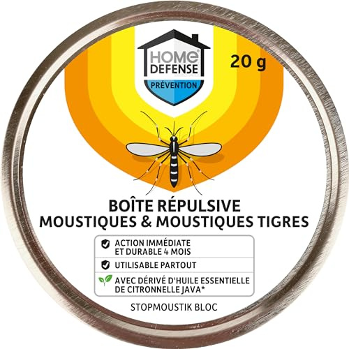 HOME DEFENSE HDMOUSTIB - Boîte Répulsive Anti-Moustiques et Moustiques Tigres 20 g - Action immédiate et durable 4 mois - A base de dérivé d'huile essentielle de citronnelle de Java - Protège 5 m²