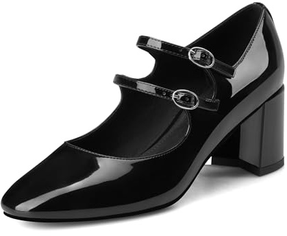 MIRAAZZURRA Zapatos de tacón en bloque Mary Jane para mujer, elegantes con hebilla y correa en el tobillo, puntera redonda y acabado de charol, Negro , 39 EU