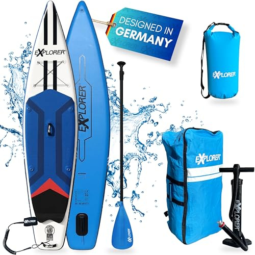 EXPLORER SUP Fusion Stand Up Paddling Board bis 180kg Komplettset mit Alu-Paddel, Rucksack, Pumpe, Finne und Flickenset…