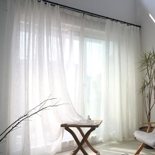 Bishilin Gardinen Weiß Halbtransparent, Vorhänge 2er Set Haken 107x132CM Einfarbig mit Muster Polyester Gardinen Lichtdurchlässig Küche Wohnzimmer Kinderzimmer