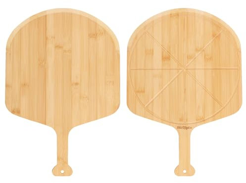 12 inch Natural Bamboo Pizza Peel Set of 2, Double-Sided Use Pizza Cutting Board with 8 Slice Grooves for Pizza, Bread, Cheese, Vegetable, Fruits