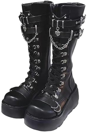 Womens Boots PU Leather Mid-Calf Platform Round Toe Biker Punk Goth Lace Up Military Combat Biker Boots,Black,10 UK
