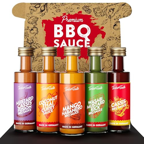 TIMBER TASTE® BBQ Sauce Geschenkset Offroad - 5 Grillsoßen Mustard Cassis Coconut Thai Curry Mango Habanero Wasabi Mustard Kick | Grillsoßen Set edle Männergeschenke Feinkost - Geschenke für Männer