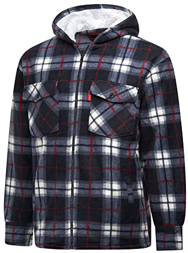 R G Clothing Mens Padded Shirts Lumberjack Hooded Flannel Check Jacket Thick Quilted Work Wear Warm Thermal Fleece Fur Lined Top Casual Coat Size M-5XL (UK, Alpha, XL, Regular, Regular, Navy-Check)