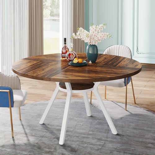 Tribesigns Table de Salle à Manger Ronde avec Plateau Effet MDF,120 * 120 * 75cm, avec Quatre Pieds en Métal, Blanche,Rétro Scandinave Parfaite (Marron)