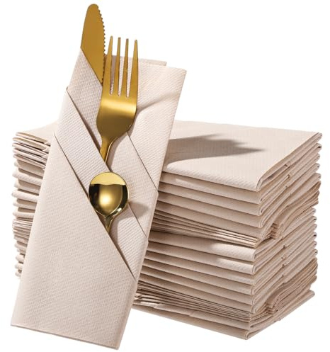 50 PCS Napkin with Built-in Flatware Pocket, Prefolded Dinner Paper Napkin, Airlaid Disposable Napkin for Silverware, Folded Cutlery Napkins for Wedding Party, Banquet, Holiday