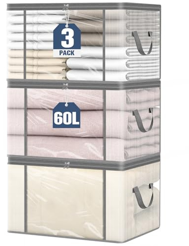 Aevcvok 3 Pezzi Scatole per Armadio 60L Trasparenti, Scatole per Vestiti Pieghevoli con Doppia Cerniera e Manici, Contenitori Vestiti Qrganizer Armadio Salvaspazio