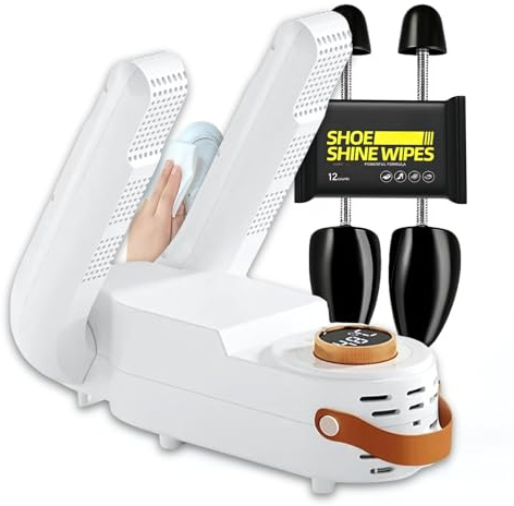 Fresh Powder – Combo Sèche-Chaussures Électrique UV - Embauchoirs taille 40-47 - 12 Lingettes | Séchage, Anti-Odeurs & Bactéries | Pour Chaussures, Chaussettes | Compact & Silencieux, Prise EU
