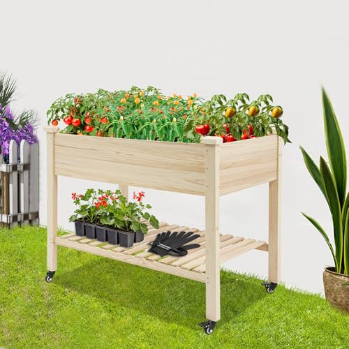 Jardinera elevada de madera con estante y ruedas, para jardín, balcón, terraza, 121,9 x 59 x 81,3 cm
