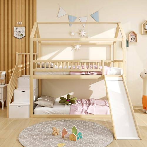TIZZ Kinderetagenbett 90 * 200 cm, Hochbett, mit Rutsche und Stauraumleiter, hohe Zaunkonstruktion, Massivholzbettrahmen, Lattenrost,Holzfarbe