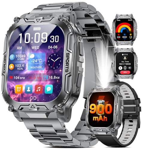 HIRREO TX12 Montre Connectée Homme, 900 mAh Batterie/LED Lampe Smartwatch avec Appel Bluetooth, 2.01'' HD Rectangle Écran/100+ Modes Sport/Sommeil/IP68 Étanche Montre Connectée pour Android iOS