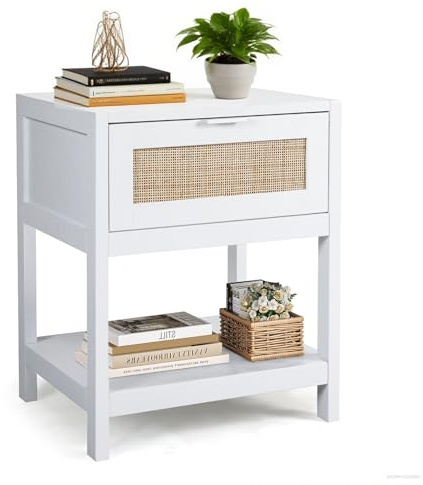FUNBERRY Small White Bedside Table, Modern Rattan Side Table with Metal Handle, Nightstand with Drawers for Bedroom & Living Room