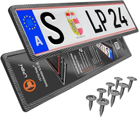 2 Kennzeichenhalter Carbon Österreich - für at 52x12cm - Dezent & gleichbleibender Rand Kennzeichenhalterung Nummernschildhalterung Nummerntafelhalter für Wechselkennzeichen Nummerntafelhalterung Auto