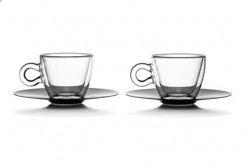 Set 2 Tazzine caffe Espresso Doppia Parete in Vetro thermica termoresistente cl 6,5 Design Moderno con Piattino in Acciaio Inox uso Professionale o domestico Vetro Borosilicato bar ristoranti hotel