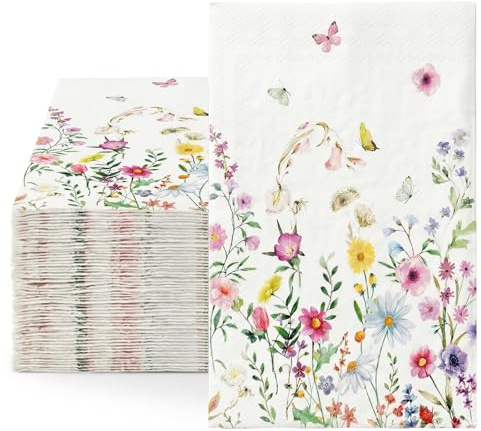40 Stück Servietten Frühling, Osterservietten, Frühling Blumen mit Wildblumen Schmetterling Motiv 20x33cm, Papierservietten für Ostern Servietten Blumen Bunt Aquarell Look Gartenparty