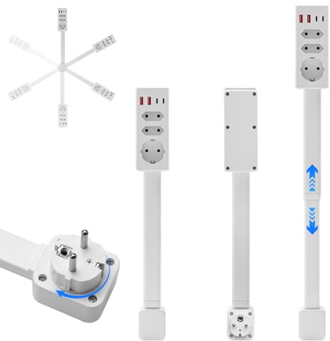 Steckdosenverlängerung mit ausziehbarer(45-70cm),drehbare steckdosenleiste,1 USB A,1 USB C und 3-Fach Steckdose,360°schwenkbar,ausziehbare Steckdose (Weiß1)