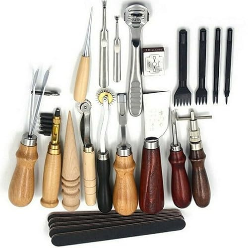 19 Pcs Leathercraft Tools Kit Handmade Stitching Set Metal Wood Punch Beveler Awl for Leather Sewing Crafting Repairing Projects