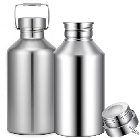 Botella de agua de acero inoxidable de pared simple, 2 piezas, botella de agua de acero inoxidable de 2 l con asa, jarra sin aislamiento de gran capacidad de 68 oz para deportes, camping, gimnasio