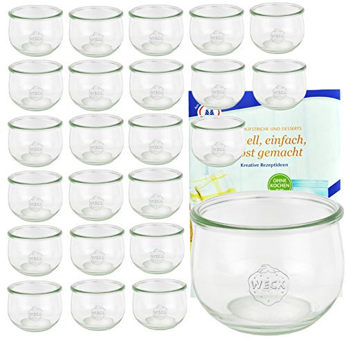 MamboCat 24er Set Weck Gläser 580ml Tulpengläser, 1/2L Sturzgläser inkl. Gelierzauber Rezeptheft von Diamantzucker I Original Weck Tulpenglas Dessertglas I Einweckgläser für Obst Gemüse UVM