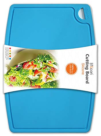 Thick Silicone Cutting Board 30cm x 25cm Folding and Flexible Design Juice Grooves Easy Handle Dishwasher Safe - Blue