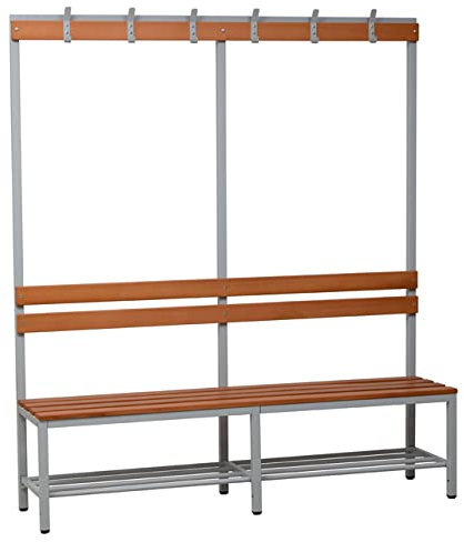 Schrank & Stuhl Garderobensitzbank – Umkleidesitzbank mit Hakenleiste und Schuhablage, Garderobenbank aus Metall und Holz, Sitzbank für Umkleidekabinen, 189 x 160 x 40 cm, Grau