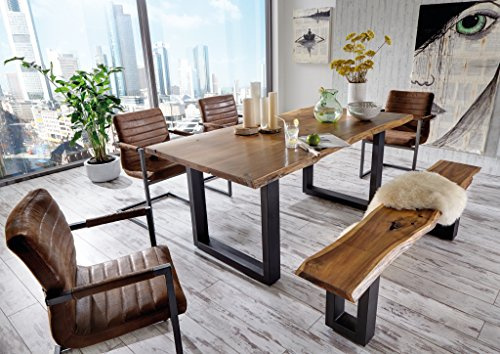SAM 6tlg. Essgruppe Quentin, Tischgruppe mit 1x Baumkantentisch 160x90cm & -Bank 160x40 cm, Akazienholz massiv + nussbaumfarben, 4X Schwingstuhl/Armlehnstuhl Parzivo in Wildleder-Optik