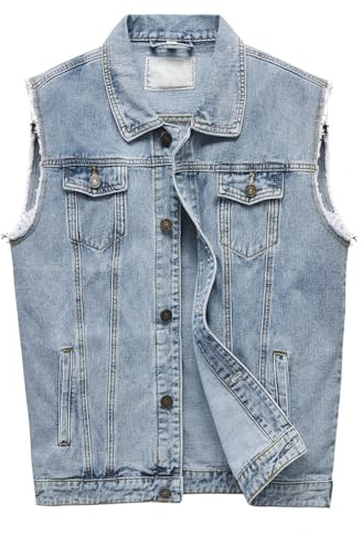 RongYue mens Denim Vest Fashion Stretchy Trucker Sleeveless Jean Outerwear Coat, Light Blue, Medium