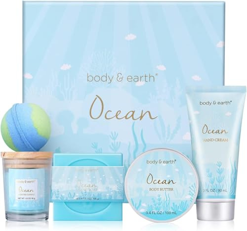 Gifts for Women, Bath and Body Womens Gift Sets with 5 Pcs Ocean Scented Spa Gifts for Women Bath Gift with Scented Candle Body Butter Hand Cream Bath Bomb Mothers Day Gifts