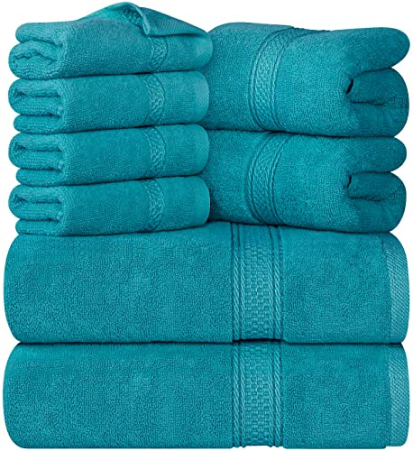 Utopia Towels - Lot de 8 Serviettes en Coton avec Crochet de Suspension – 2 Serviettes de Bain, 2 Serviettes et 4 Serviettes de Toilette – (Turquoise)