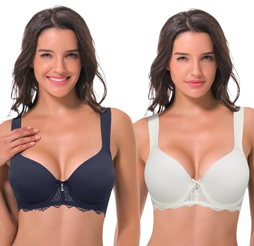 Curve Muse Damen Leicht Gepolstert Bügel Spitze BH mit gepolsterten Schultergurten-Schwarze Iris, Creme-100B