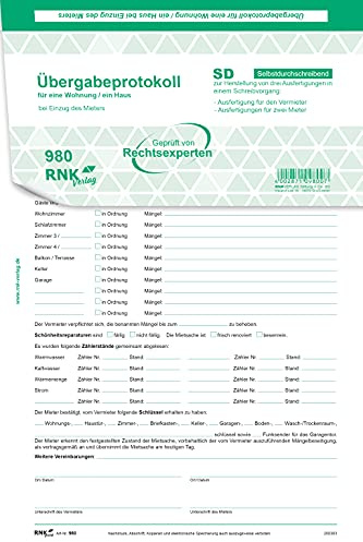 RNKVERLAG 980 - Wohnungs- Übergabeprotokoll - SD, 1 x 3 Blatt, DIN A4, 25 Stück