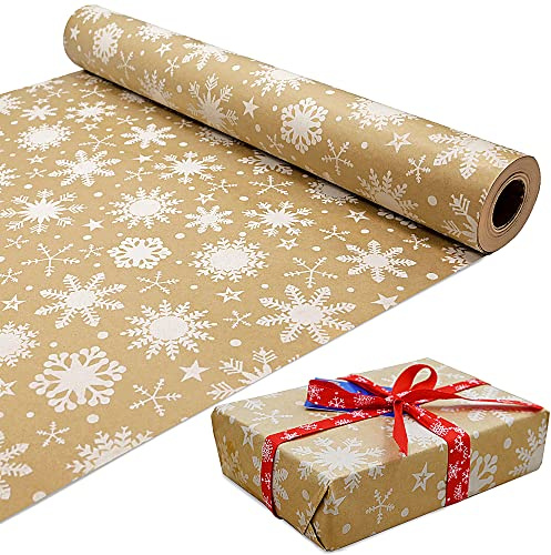 15m Roll of Kraft White Snowflake Wrapping Paper Roll,100% Recyclable ECO Gift For Birthday Present Party Christmas Decorations(15m x 43cm)