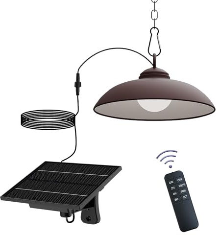 ONLSITY Solar Pendant Lights, Outdoor Indoor 300 Lumen Solar LED Shed Light, with Remote Control: 3 CCT Options, 2 Brightness, Timing Settings, Single Pack, Rubbed Bronze Finish