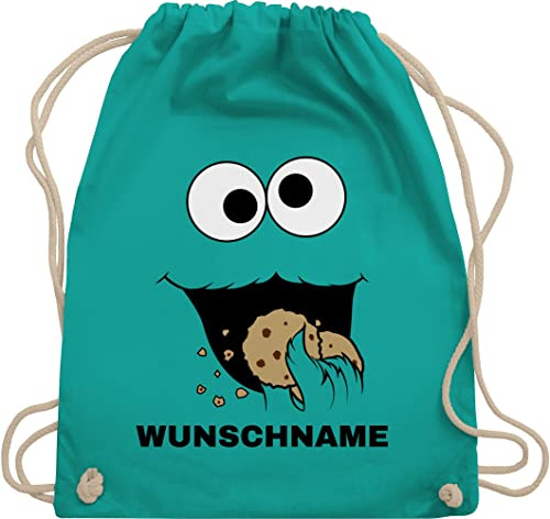 Turnbeutel Rucksack - Karneval Accessoire Fasching - Keks Monster Kostüm mit Name I Krümelmonster I Cookie Monster I Keksmonster - Unisize - Türkis - monsterbeutel faschings rucksäcke karnevals