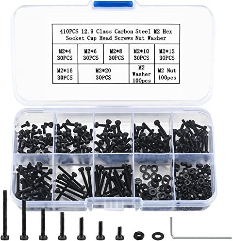 410-tlg M2 Inbusschrauben Set, 12,9er Kohlenstoffstahl Sechskant-Maschinenschrauben, Muttern und Unterlegscheiben Sortiment inklusive Schraubenschlüssel (Schwarz)