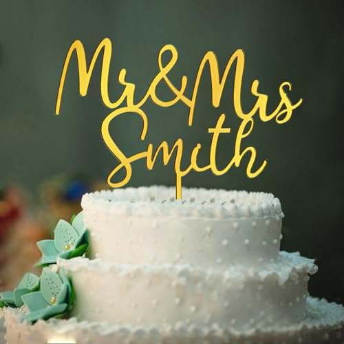 Personalised Wedding Cake Topper Acrylic Mr and Mrs Cake Topper Gold Bride and Groom Cake Toppers Wedding Cake Decorations with Any Name(Gold, Mr & Mrs)