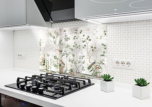 Myphotostation.com 70WX43H''Tempered Glass Botanical Backsplash Design Cooker Wall Backsplash Panel Glass Splashback for Stove Panel Design Animal Birds on Tree Splashback