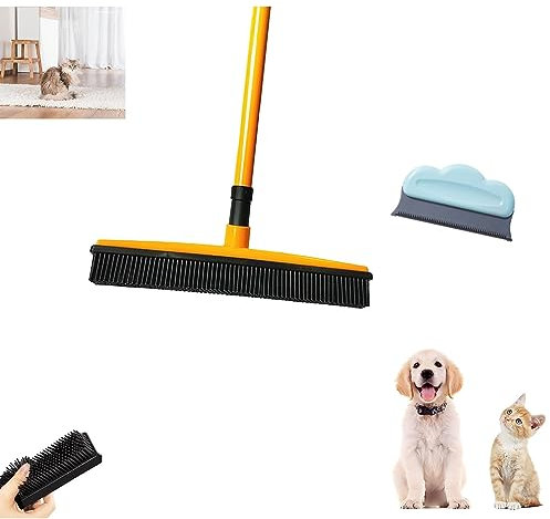 Carpet Broom for Pet Hair,with Hair Remover, Rubber Broom Pet Hair Remover, Heavy Duty Pet Hair Remover Broom, Carpet Rake For Pet Hair Removal (Color : Yellow)