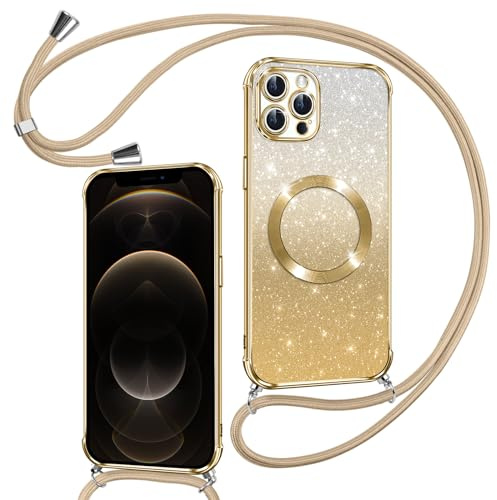 Phoona Hülle für iPhone 12 Pro mit Band, Gold | [Kompatibel mit MagSafe] Luxuriöse Glitzer Beschichtung Magnetische Handyhülle zum Umhängen Kordel Silikon Stoßfest