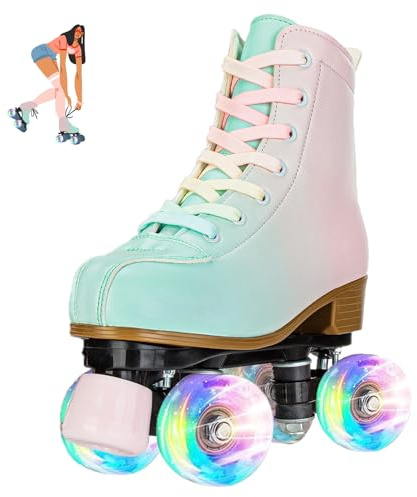 jessie Roller Skates for Girl and Women, PU Leather Fantastic Flash Wheel Kid Roller Skates Girls Ages 6-12 Beginner for Indoor Outdoor (Green Pink 38)