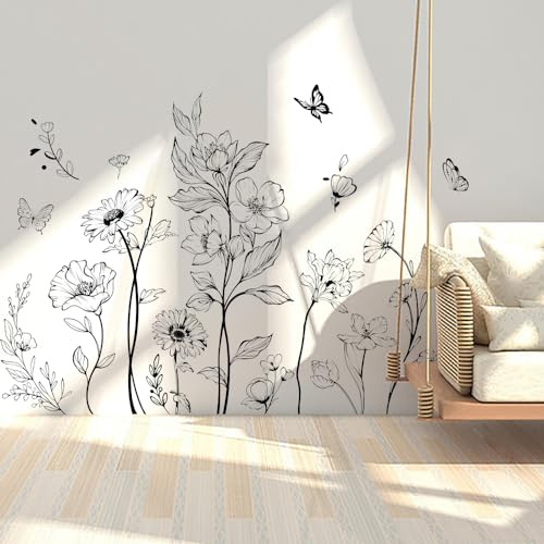 Runtoo Boho svart blomma väggdekaler enkel vildblomma blommig väggklistermärken för flickor sovrum barnkammare heminredning